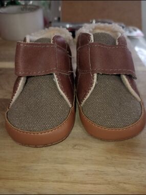 Target Brown Canvas & Faux-Leather Baby Slip-On Shoes with Shearling Trim